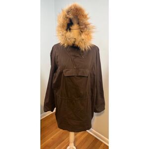 Delfin Austria Fox Fur Hood Parka Jacket Sz 42 XL Brown Canvas Gorpcore